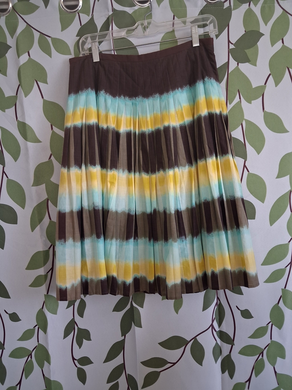 BCBGMaxAzria Brown, Yellow & Aqua Pleated Circle Skirt